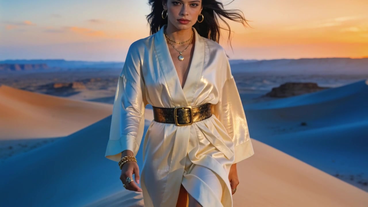 Modella che incede verso la telecamera mentre questa segue le dune al tramonto, mostrando un pareo di raso e una cintura d'oro.