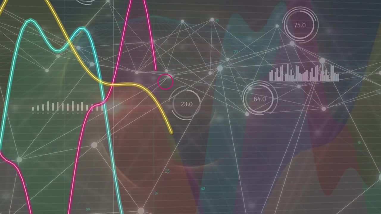 Data pulse driving node mesh, gauges updating, pink or yellow or cyan traces oscillating, showing gr