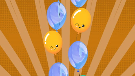 Animation-Von-Bunten-Luftballons,-Die-über-Gelben-Hintergrund-Fliegen