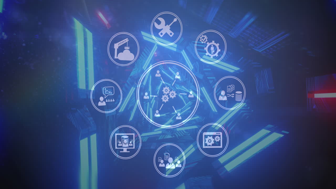 red de iconos digitales contra el túnel brillante