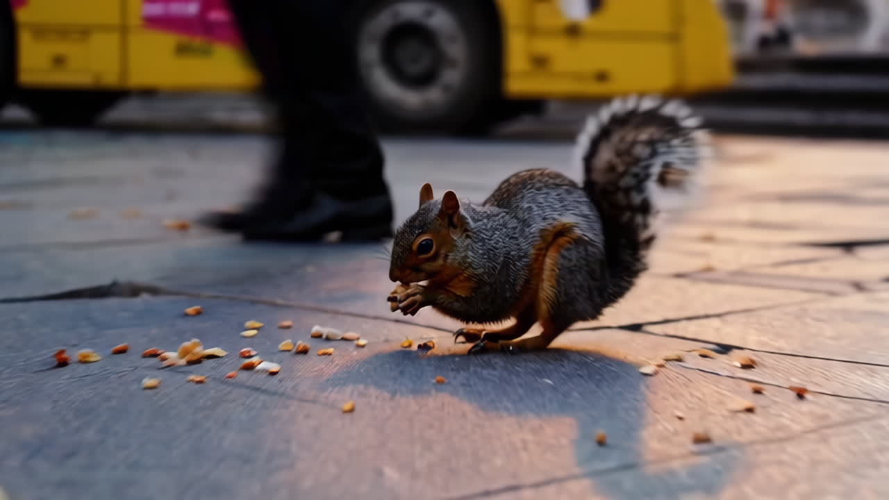 Scoiattolo che mangia noci su una strada cittadina