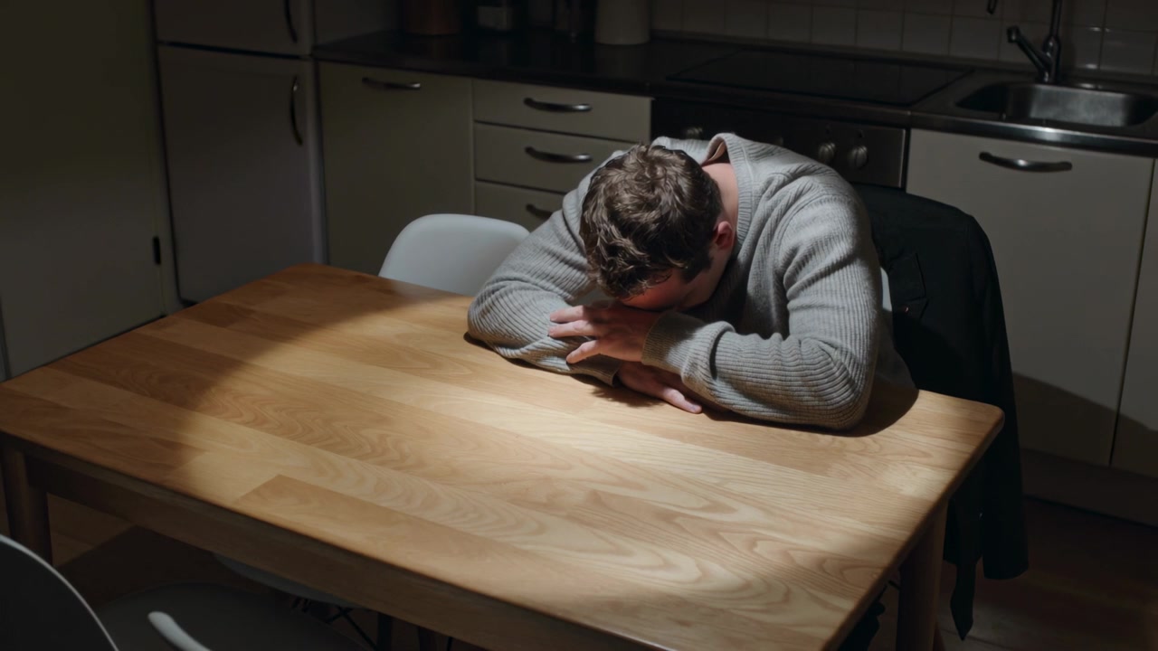 Uomo appoggiato con il maglione che inizia a poggiare la testa sugli avambracci al tavolo della cucina, giacca sulla sedia