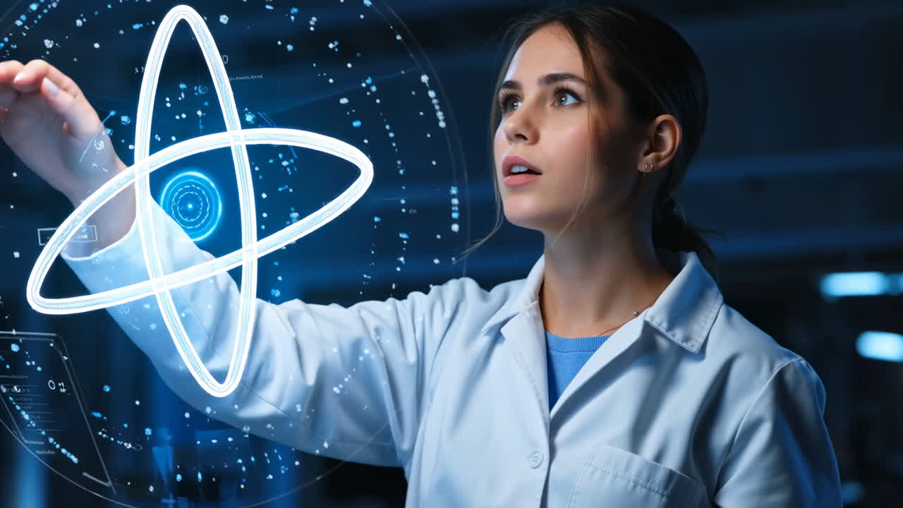 Woman Scientist Interacting with Holographic Atom in a Futuristic Lab