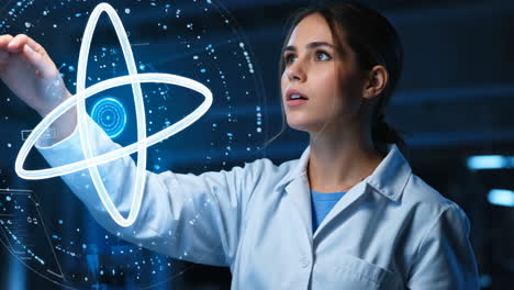 woman scientist interacting with holographic atom in a futuristic lab