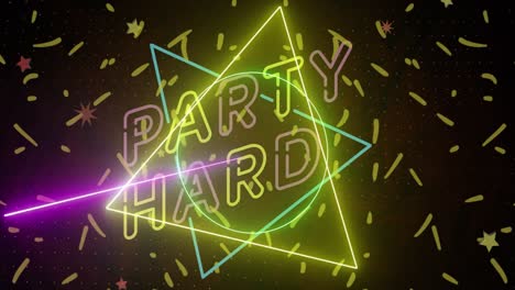 animation of party hard text in pink and yellow neon with confetti falling on black background