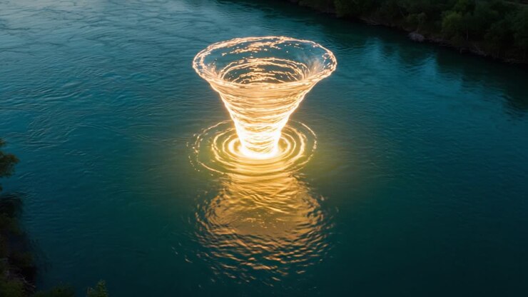 Una splendida immagine di un vortice d'acqua a spirale illuminato da una luce brillante, che cattura l'interazione dinamica tra acqua e luce in uno spettacolo affascinante