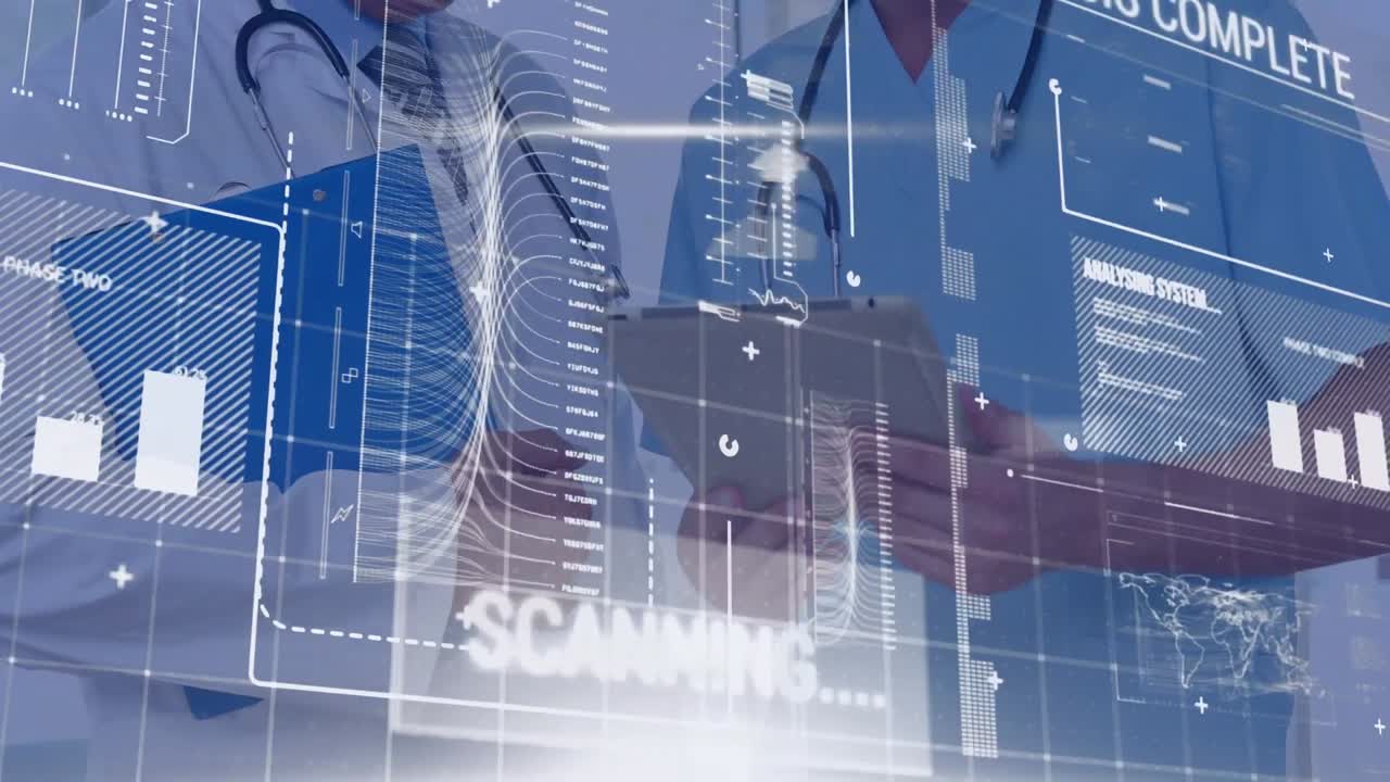 데이터 프로세싱의 애니메이션: 남성 의사와 의료 직원이 토론하는 중간 섹션