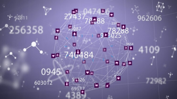 Animation of changing numbers over connected dots forming globe and nucleotides