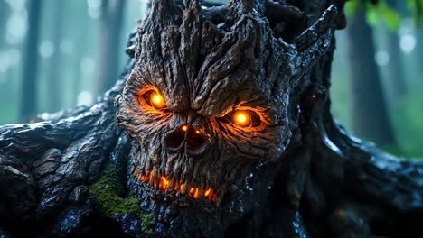 un primer plano de un árbol con ojos brillantes en el bosque