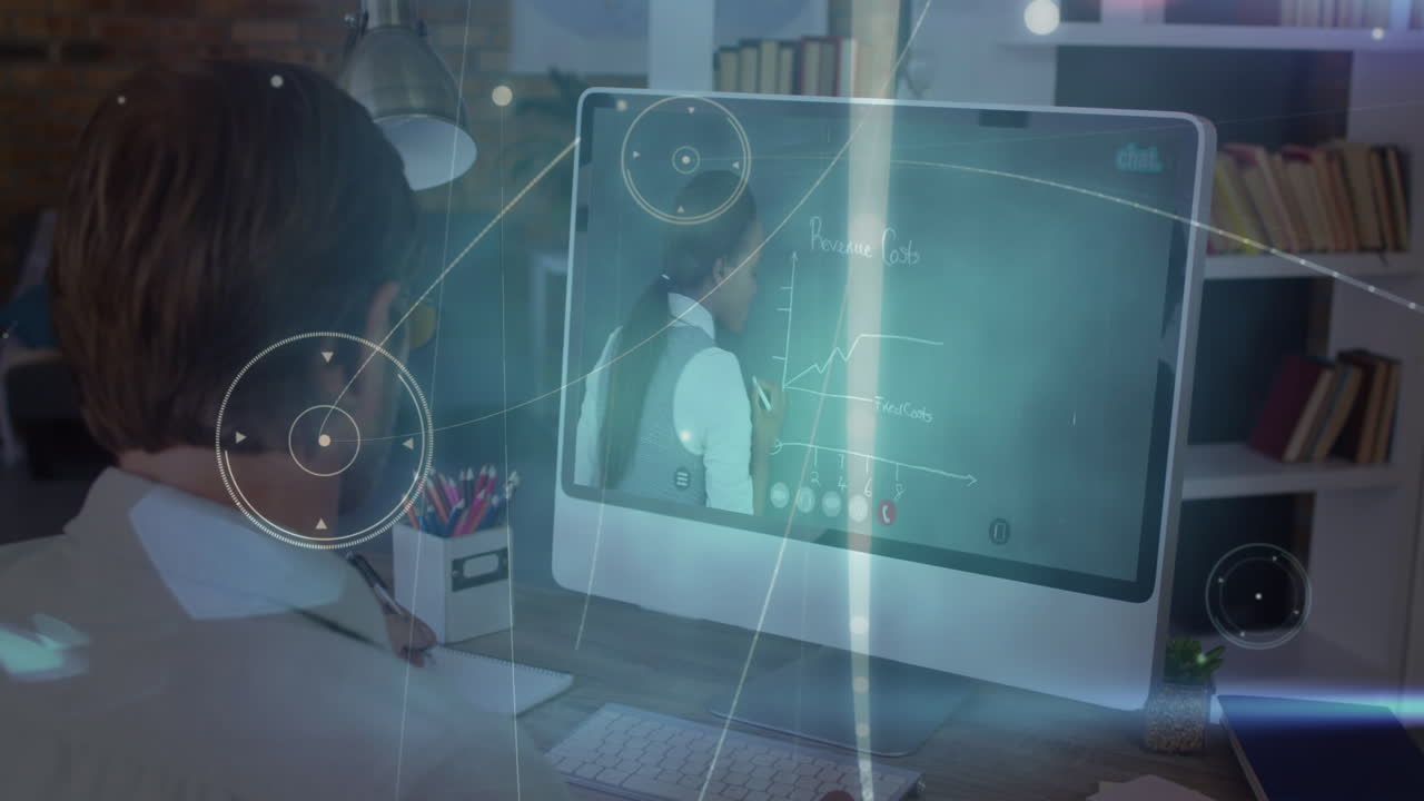 animación de redes de conexiones sobre empresario caucásico usando computadora para videollamada