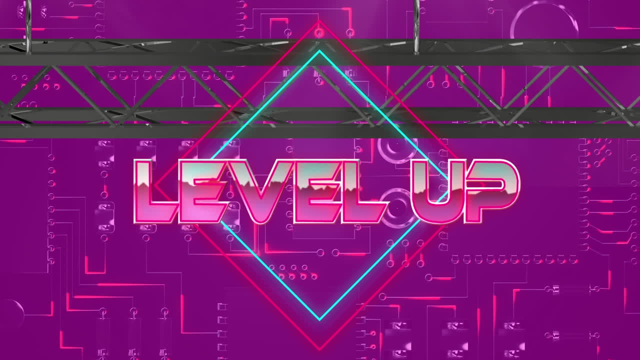 분홍색 배경에 컴퓨터 회로판 위에 분홍색 금속 문자로 레벨 업의 애니메이션