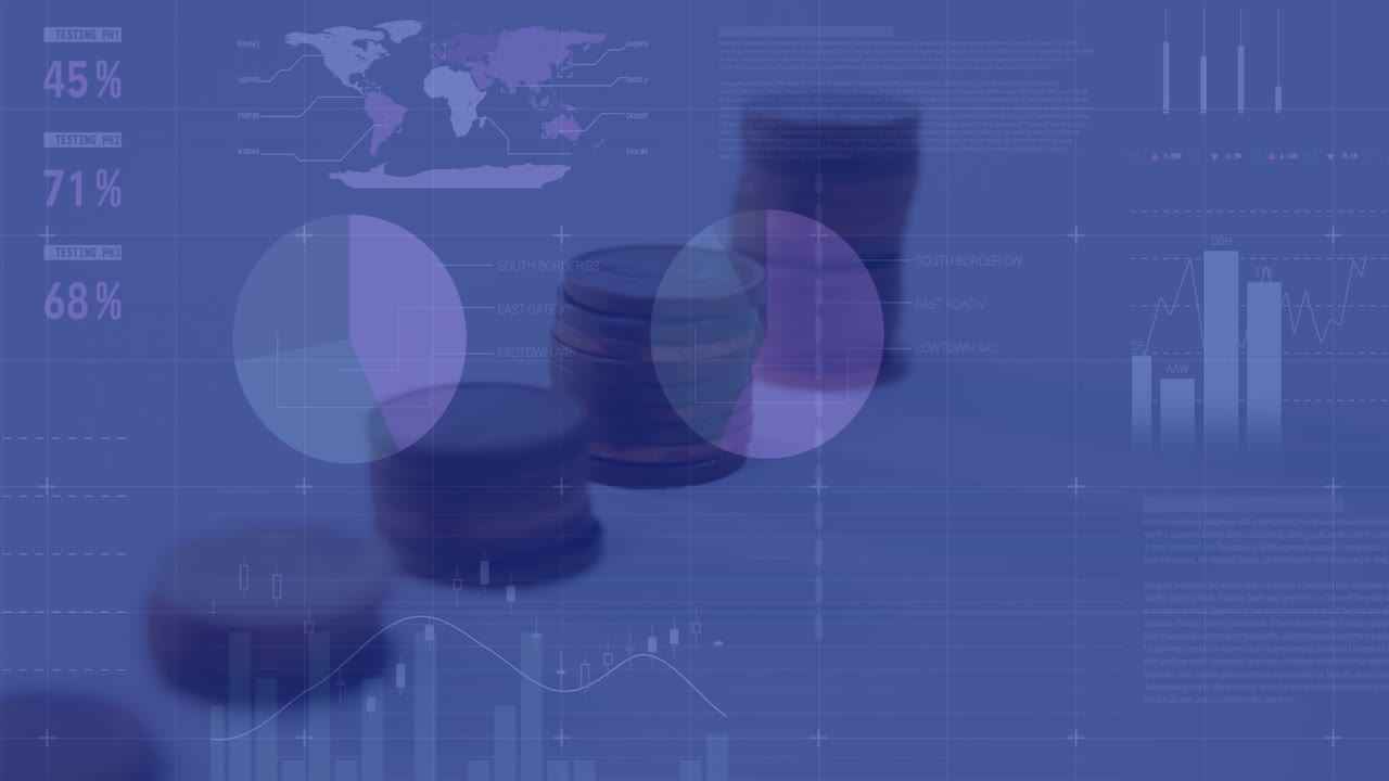 Animation of financial data processing and statistics recording over stacks of coins