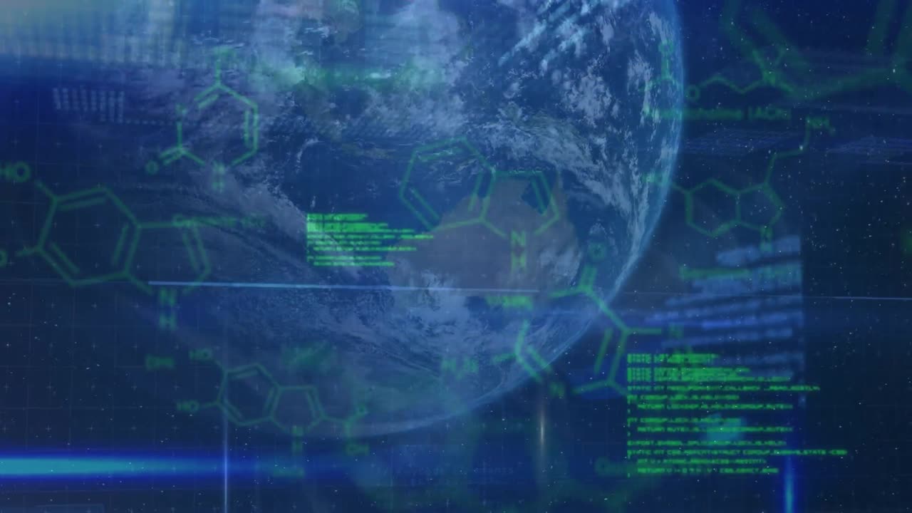 Animation of data processing over globe on blue background