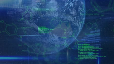 animation of data processing over globe on blue background