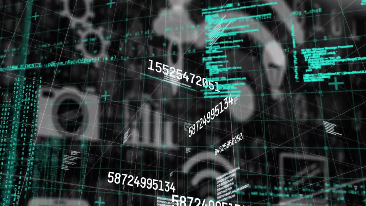 Animation of scientific data processing over digital icons on black background