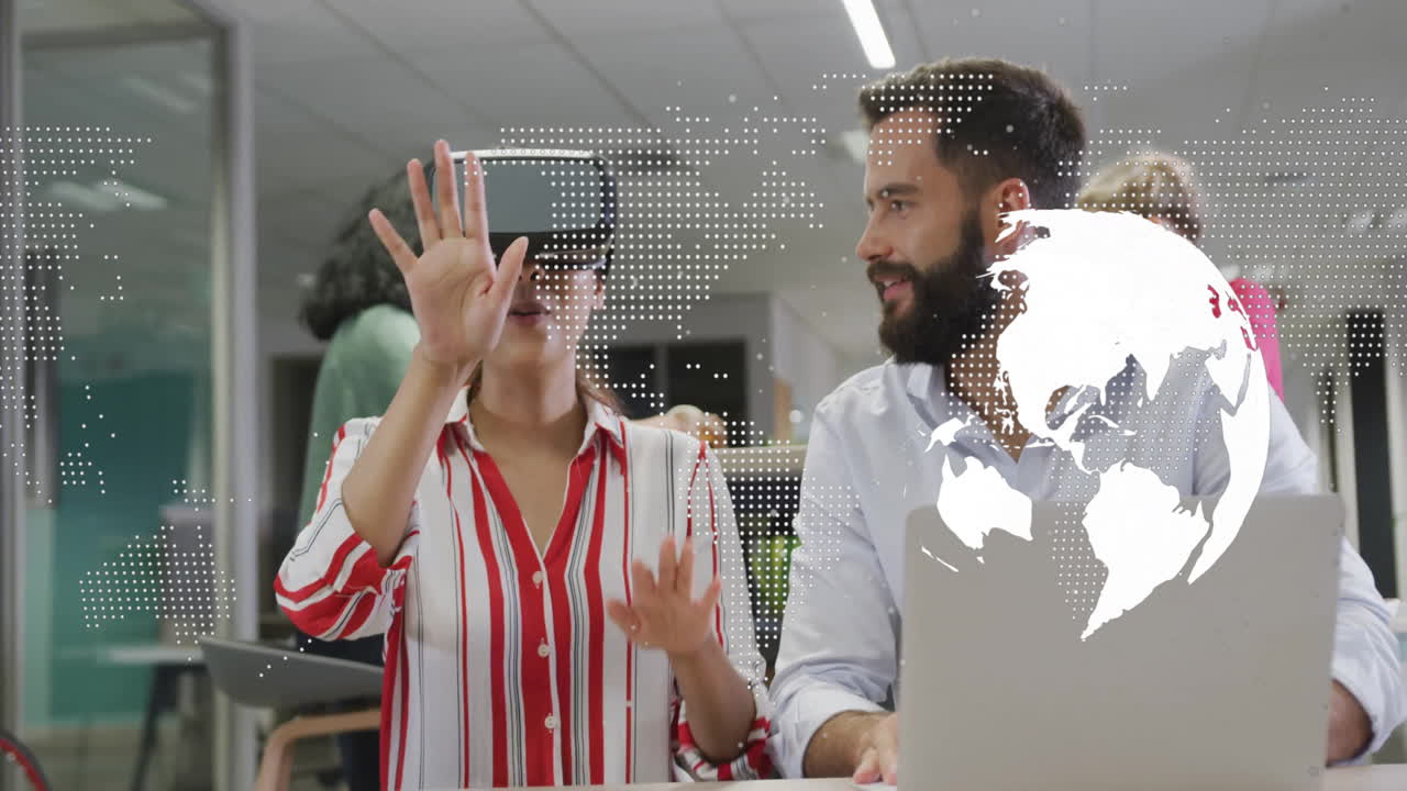 People interacting with digital world map animation over office environment