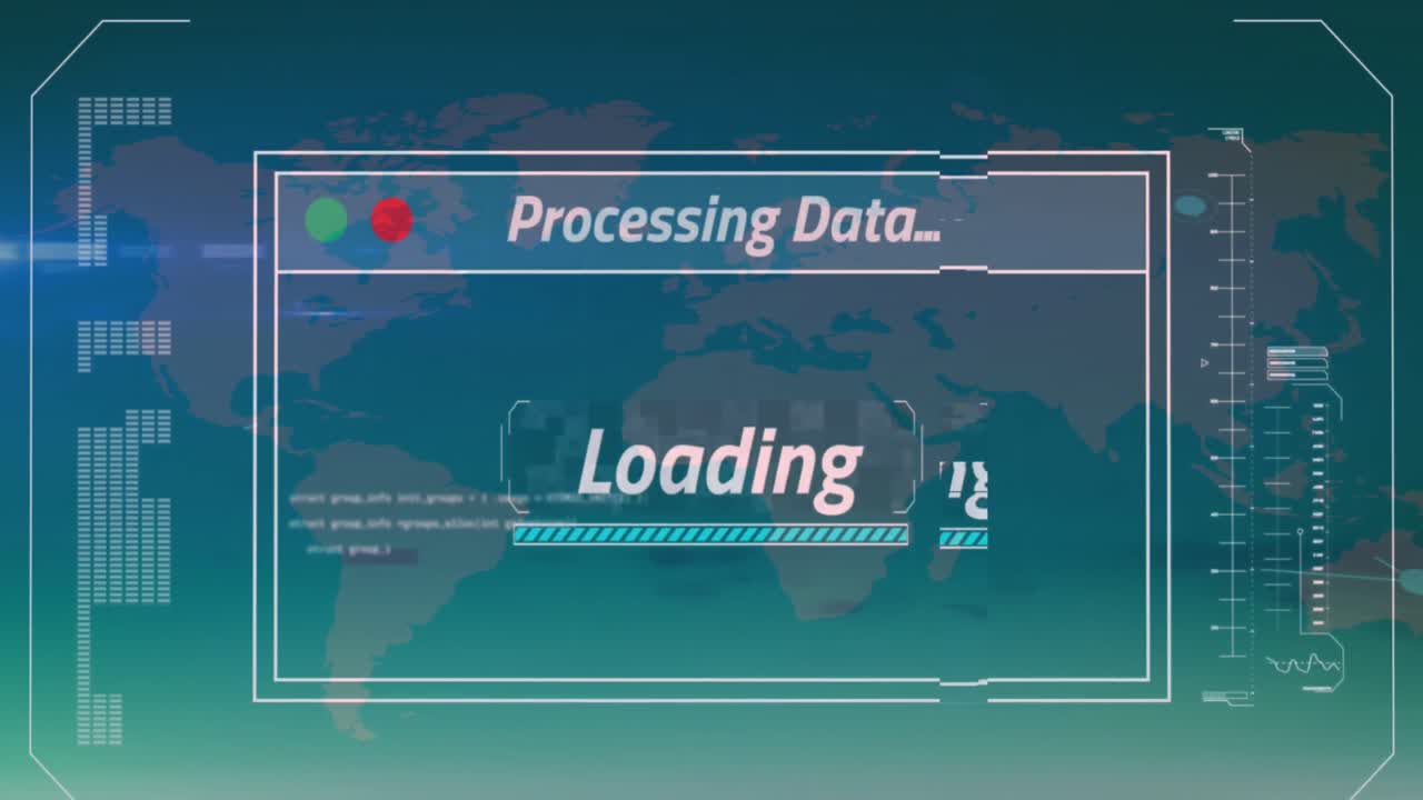 Animation of multiple text, loading bar and computer language over dots on map