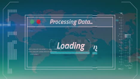 Animation-of-multiple-text,-loading-bar-and-computer-language-over-dots-on-map