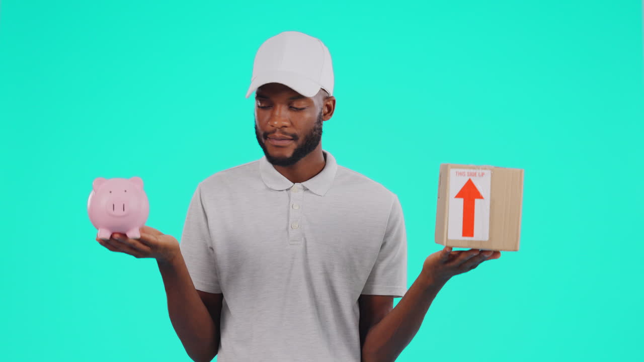 Courier, black man and choice between piggy bank