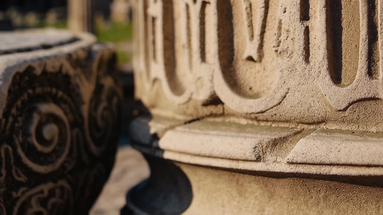 Close-up of Ancient Stone Carvings and Ruins