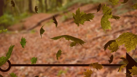 Animation-of-leaves-blowing-over-arrow-and-trees-in-autumn-forest