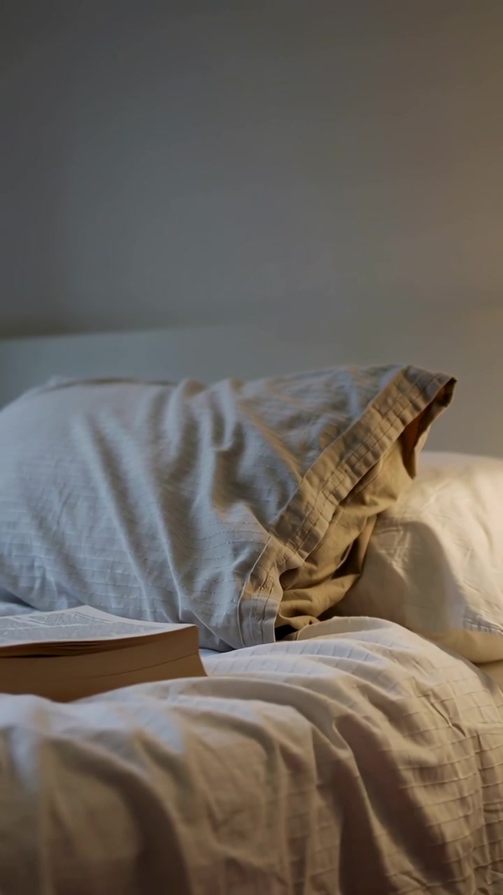 Vertical video: Shifting camera showing beige pillow in bedroom, light rising to show book spine