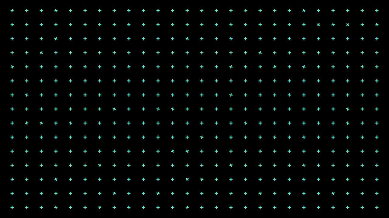 Abstract animation of plenty small crosses rotating chaotically on the black background. Animation. Geometrical figures rotating and moving, monochrome