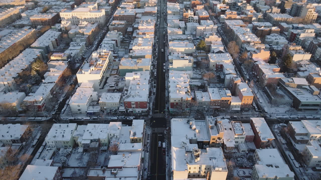 Aerial view of homes and streets in Greenpoint, Brooklyn. Shot on a winter morning in New York City.