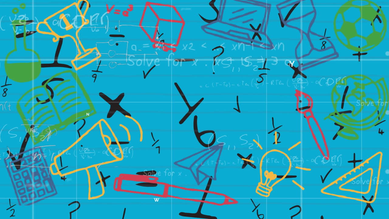 Multiple school concept icons over grid network against mathematical symbols on blue background