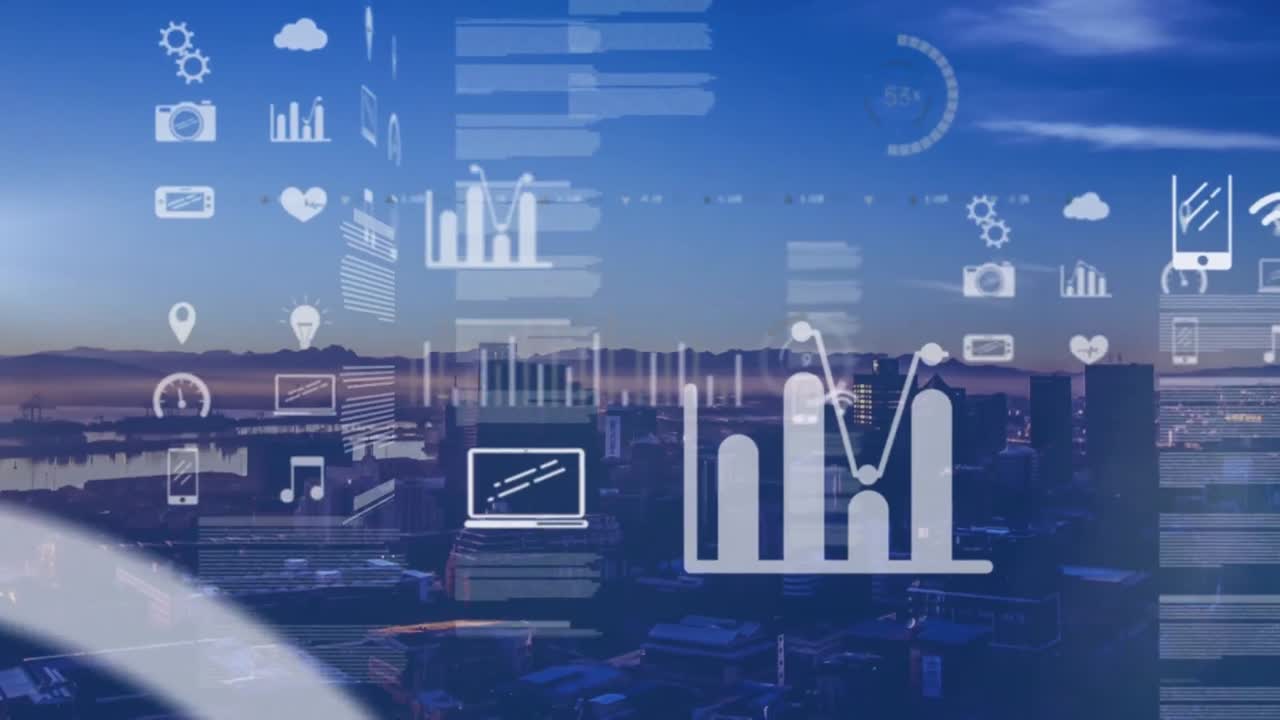 video compuesto digital de la interfaz digital con procesamiento de datos contra el paisaje urbano