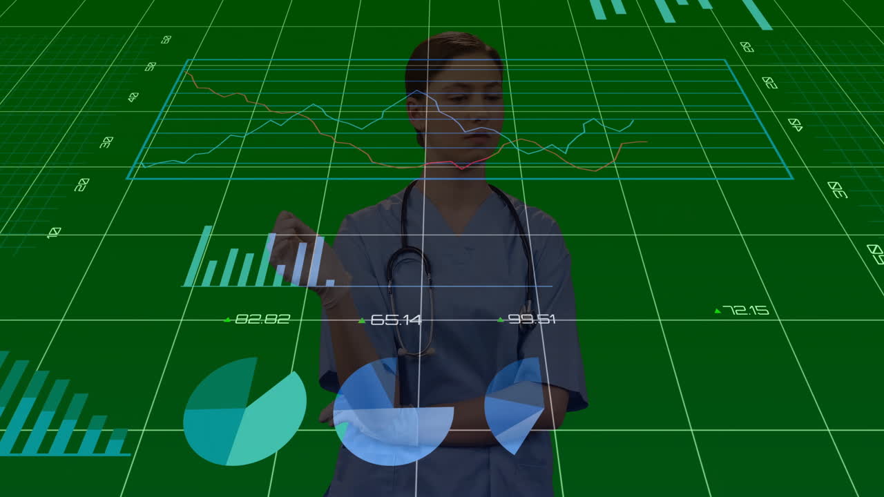 Healthcare worker interacting with medical tech interface, showing line graph and pie charts