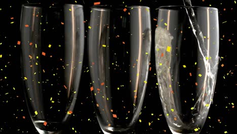 Animation-of-multicolored-falling-confetti-over-champagne-getting-poured-in-glass