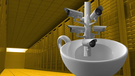 animation of security cameras over cup and server room