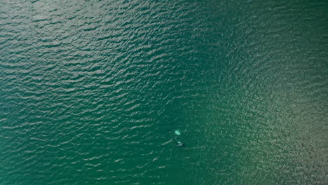 Aerial-Flying-Away-From-Scuba-Divers-Swimming-in-Lake-in-Wintertime