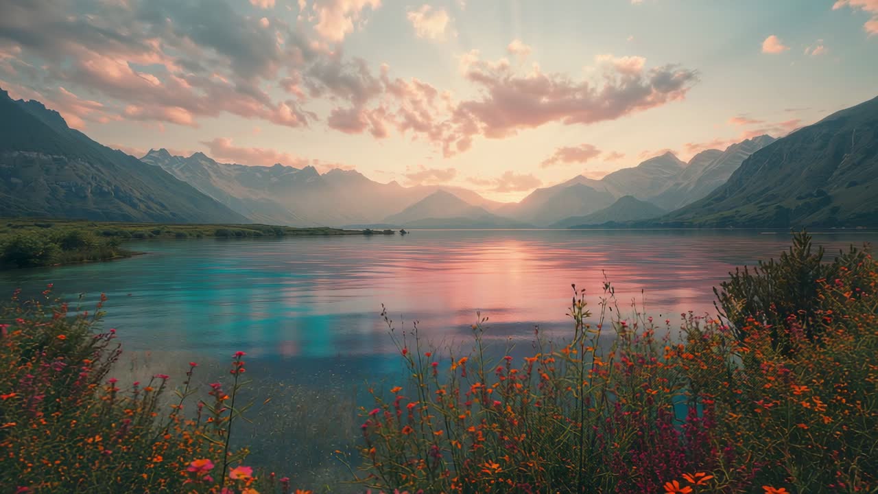 Rippling lake beneath clouds and mountain range by wildflower meadow and grassy shoreline in breeze