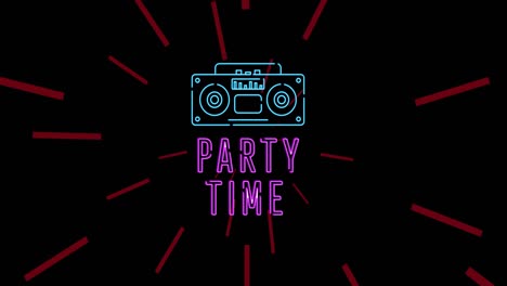 Animation-of-neon-party-time-and-retro-radio-on-black-background