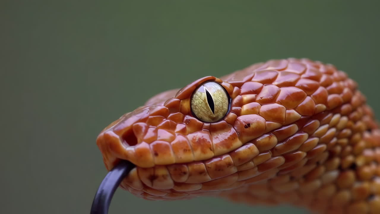 Close-up of an orange snake's head with a forked tongue