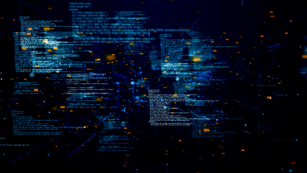 Fly through abstract 3D rendering of a scientific technology data binary code network conveying connectivity, complexity and data flood