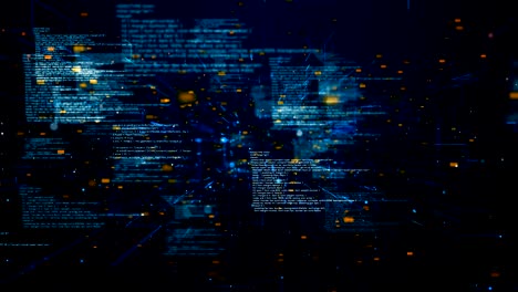 volar a través de una representación 3d abstracta de una red de código binario de datos de tecnología científica que transmite conectividad, complejidad y inundación de datos