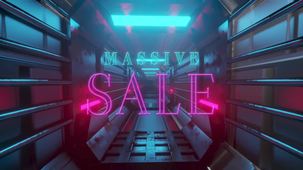 Neon lights displaying Massive Sale text in futuristic corridor animation