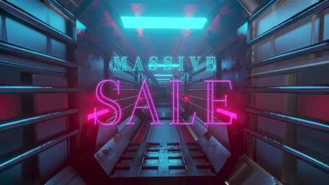 neon lights displaying massive sale text in futuristic corridor animation