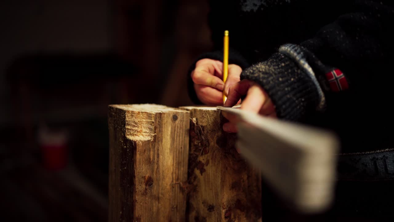 A Man is Utilizing a Folding Yardstick to Gauge and Indicate the Wood - Close Up