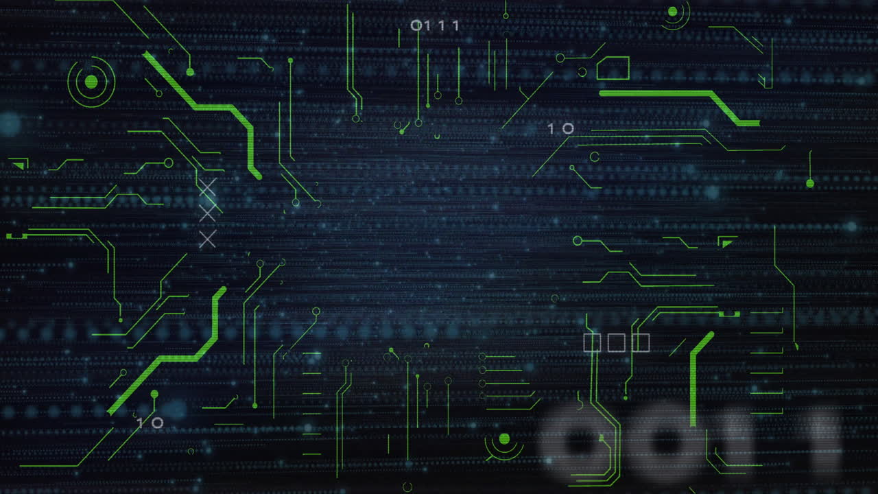 Streaming binary code flowing across navy flat interface, showing glowing dots and matrix icons