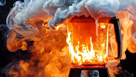 a blender with flames coming out of it on a table