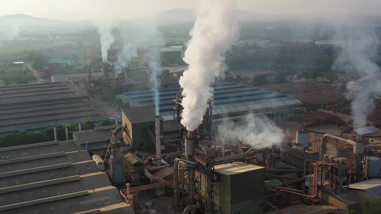 Aerial view. Industrial plants with pollution chimneys, Air pollution from industrial plants