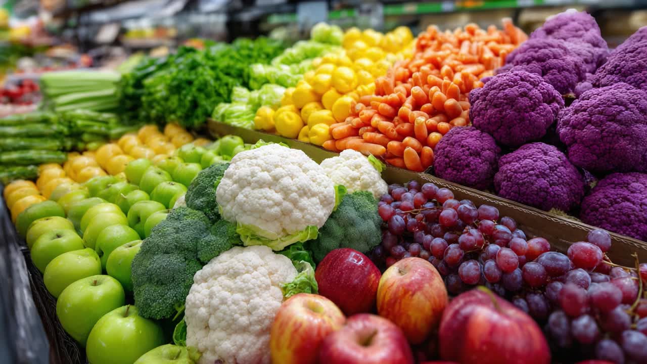 Vibrant Display of Fresh Produce: A Colorful Array of Fruits and Vegetables Showcasing the Bounty of Nature in a Local Market Setting