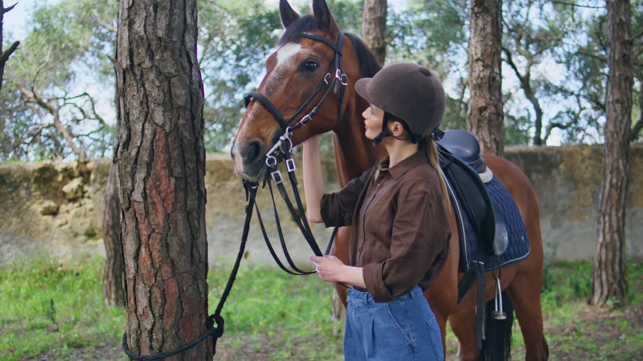 Lady rider stroking stallion at cozy garden closeup. Woman touching brown horse