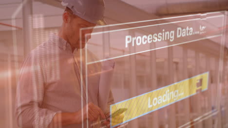 animación del procesamiento de datos en la pantalla sobre el arquitecto utilizando un teléfono inteligente