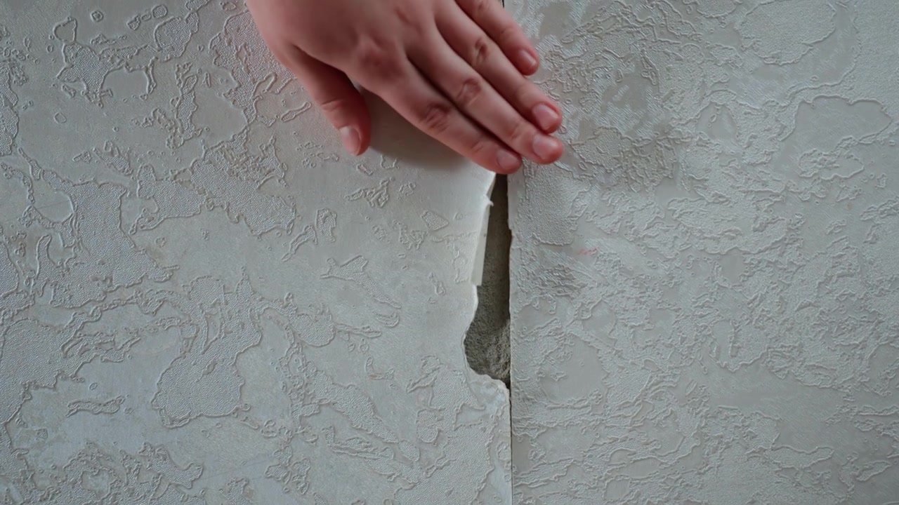 Peeling wallpaper on cracked wall, tenant examines tear revealing underlying plaster and textured layer in dim empty apartment during moving inspection closeup hand touch, dust particles, muted tones