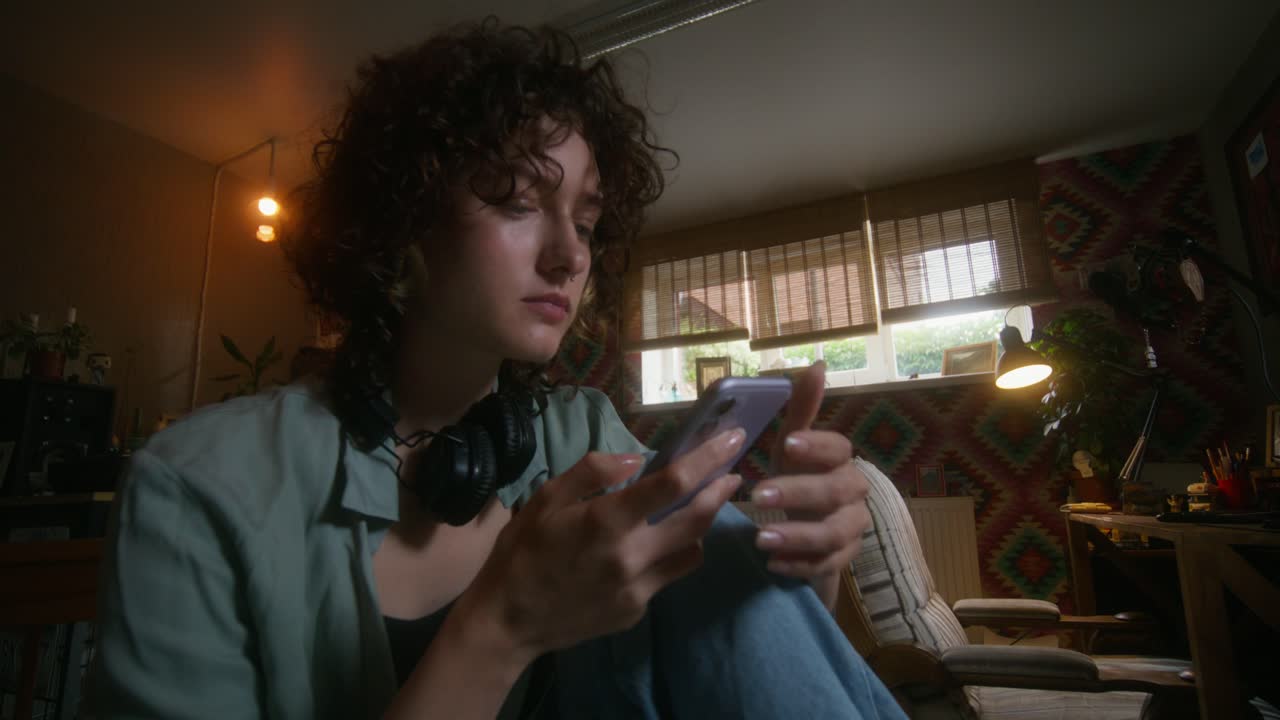 молодая женщина переписывается по смартфону в уютной комнате.